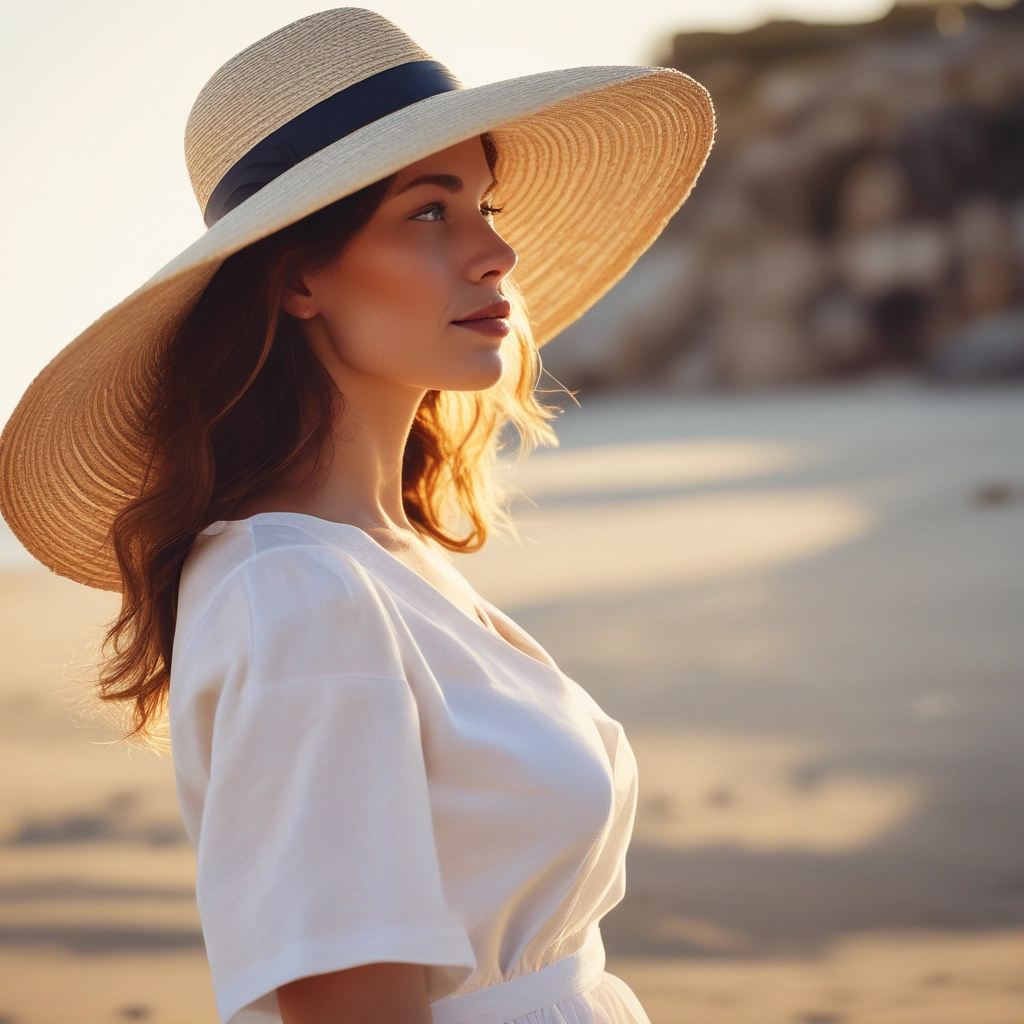 Fashion portrait of woman in white linen dress looking away from camera, wearing wide-brimmed raffia sun hat with navy band, golden hour lighting casting artistic shadows across her face, beach background slightly blurred, editorial style photography