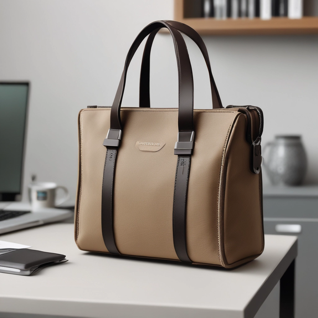 A professional-looking shot of the bag in an office environment, or a close-up highlighting its structured design and hardware details.