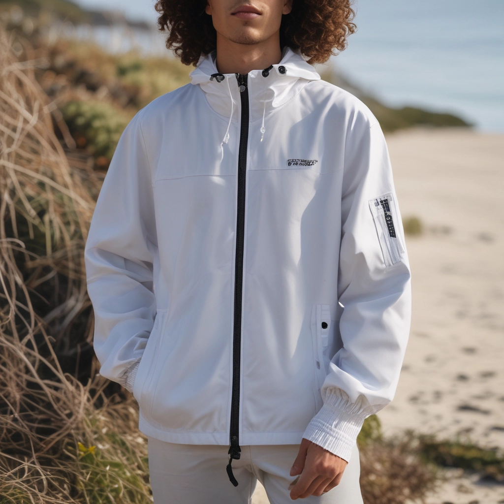 Sustainable windbreaker made from ocean plastics, clean beach background