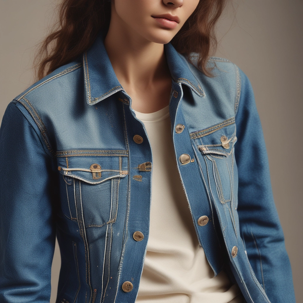 Denim jacket with visible, artistic mending, warm natural lighting