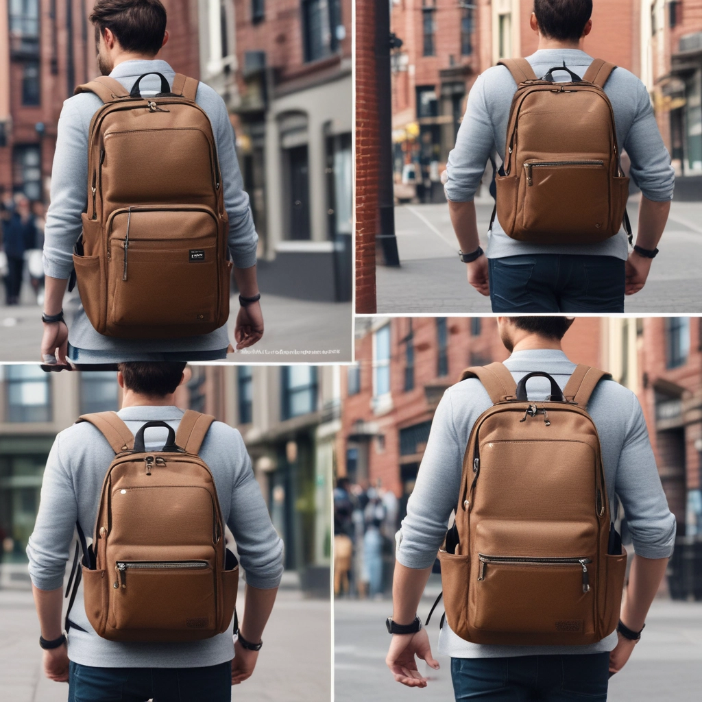A back view of someone wearing the backpack in an urban setting, or a product shot showing its different compartments.