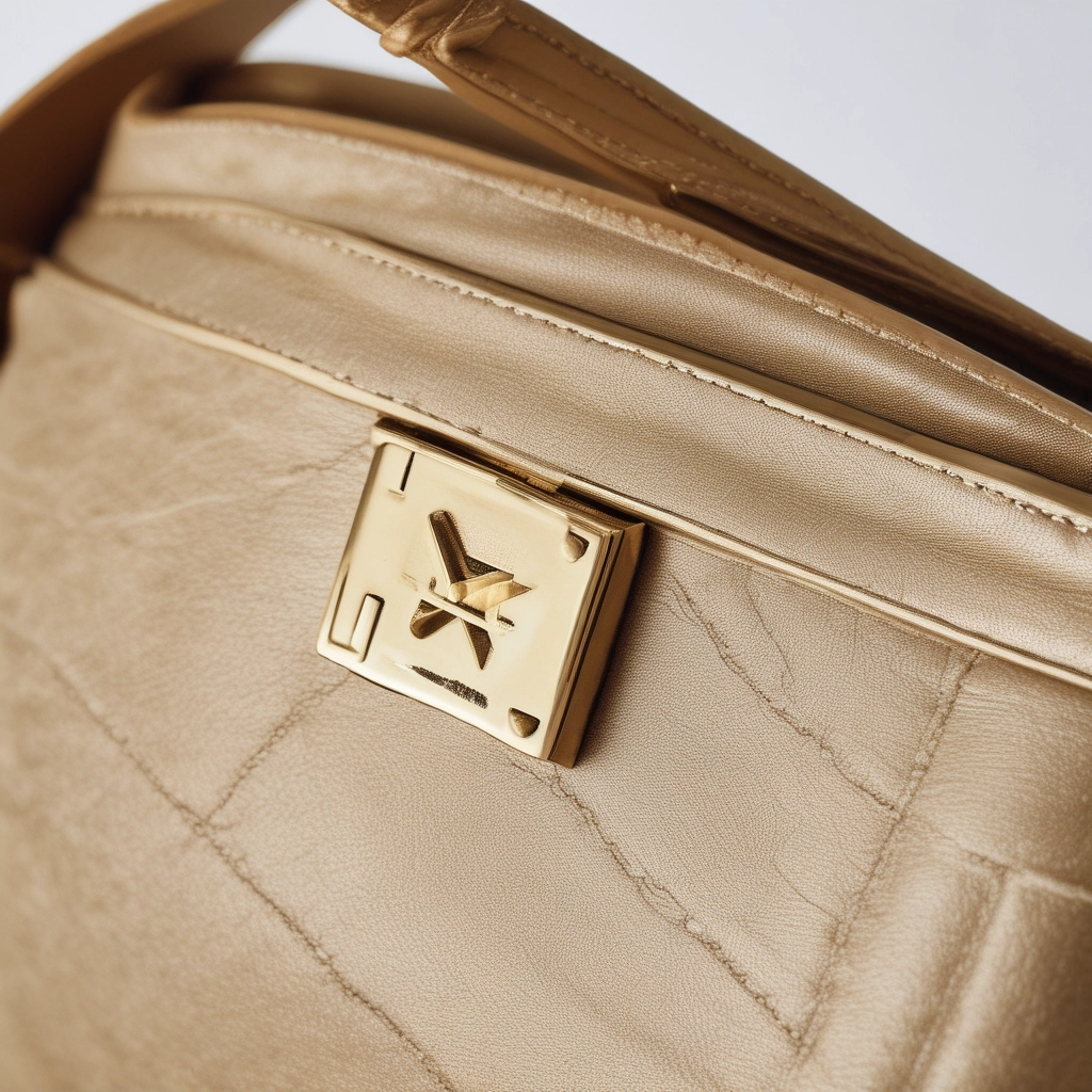 Close-up detail shot focusing on the gold hardware and textured material of the sling bag