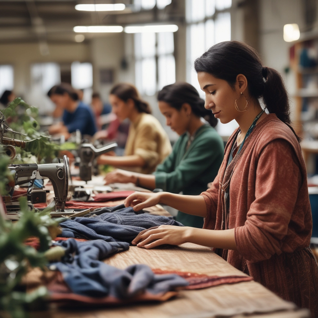 Women's textile cooperative, sustainable fashion production, warm and empowering scene