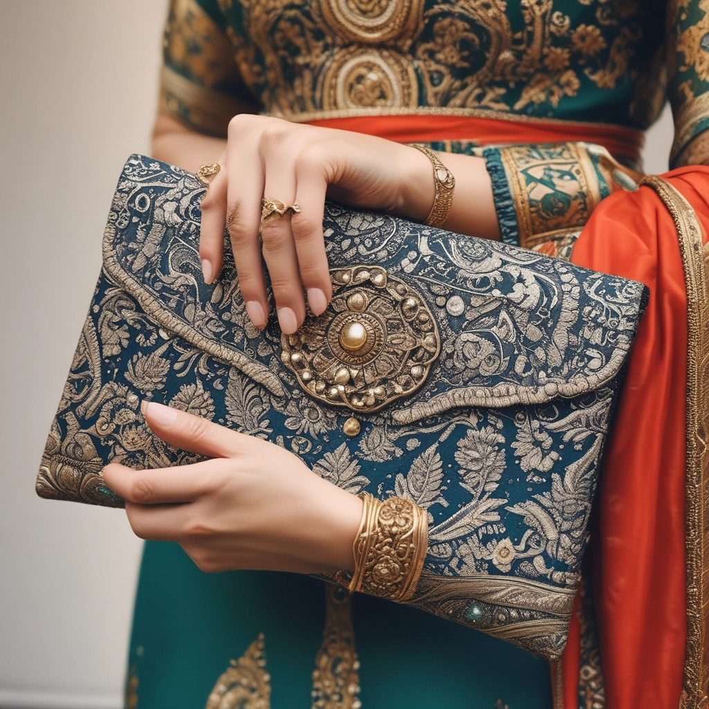 A close-up of the clutch's detailed pattern, or styled with traditional Indian attire for a festive occasion.
