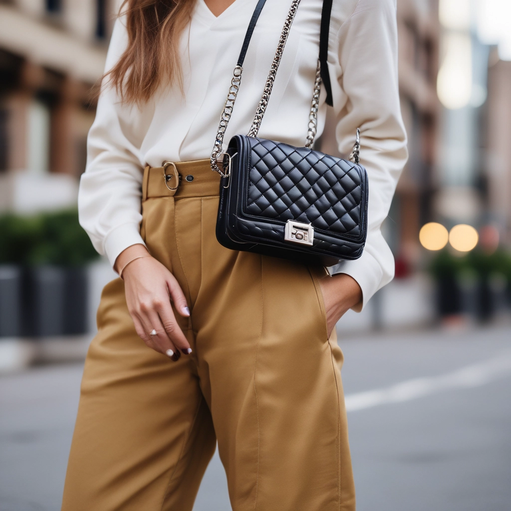 Woman wearing the quilted crossbody bag with chain detail against a simple outfit to highlight the bag