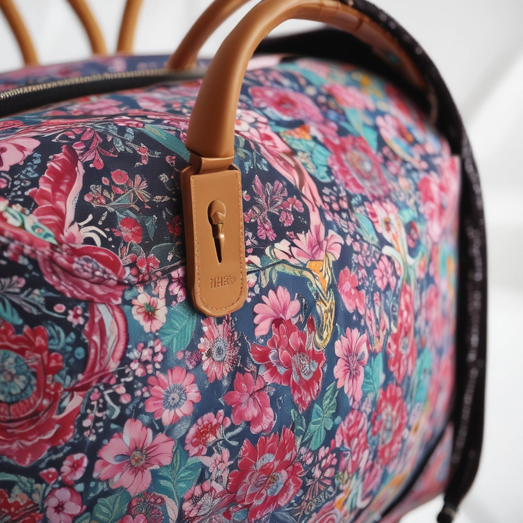 Close-up of the barrel bag showing the rolled handles and zipper detail with a small silk scarf tied to one handle