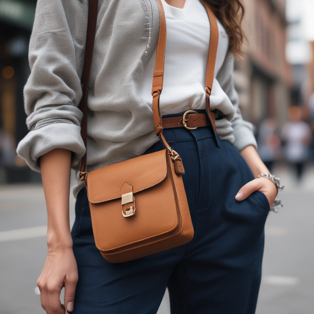 A close-up of the crossbody bag showing its structure and details, or a lifestyle shot of someone wearing it while out in the city.