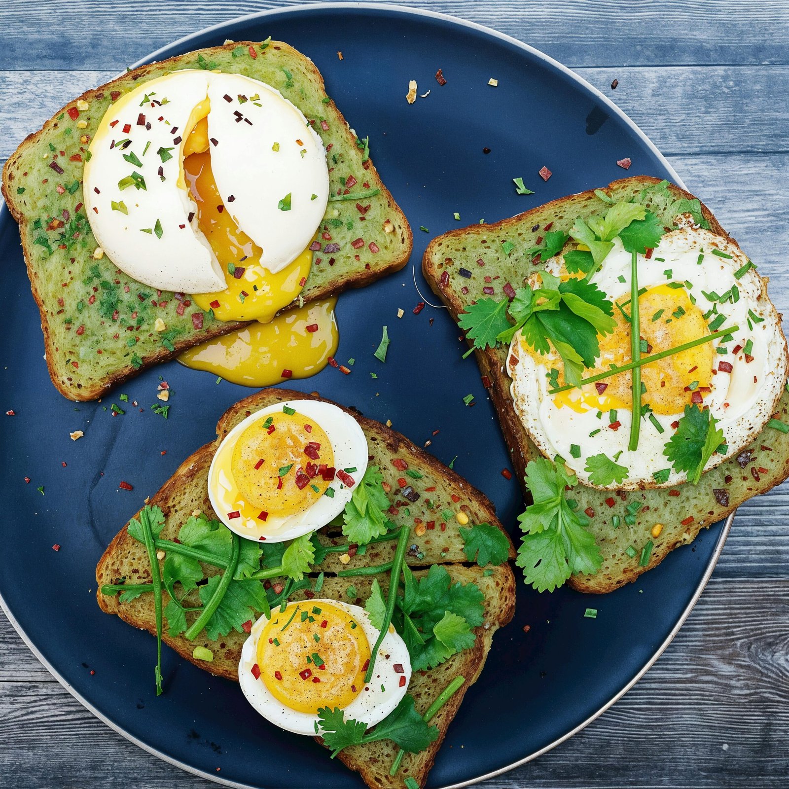 Delicious vegan toast topped with avocado spread, eggs, and herbs for a healthy breakfast.