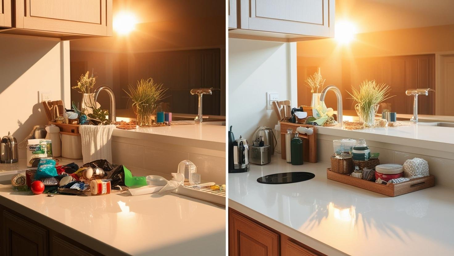 Cluttered vs tidy kitchen counter with same items, golden hour lighting