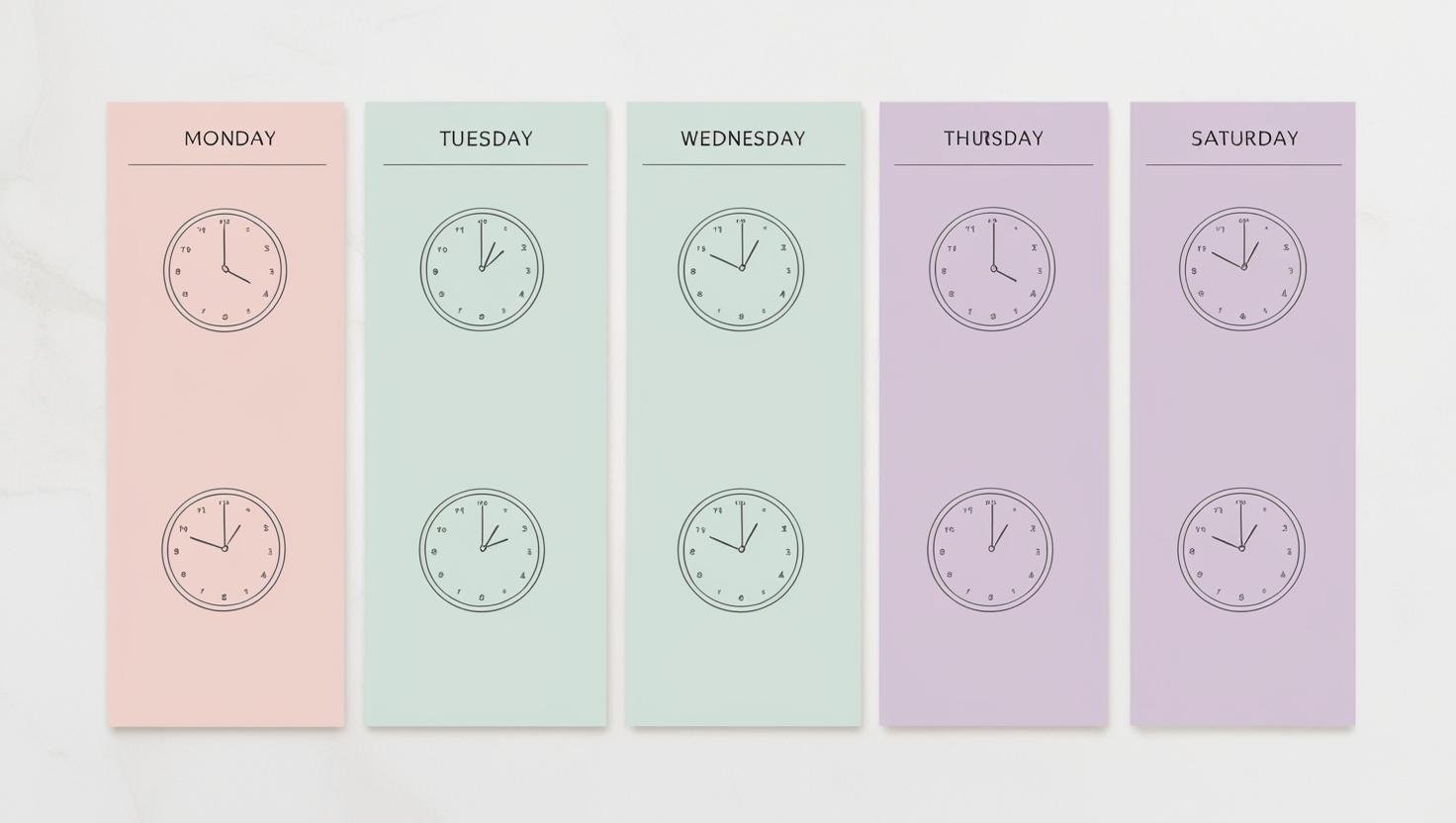 Color-coded weekly schedule with clock icons, minimalist pastel design