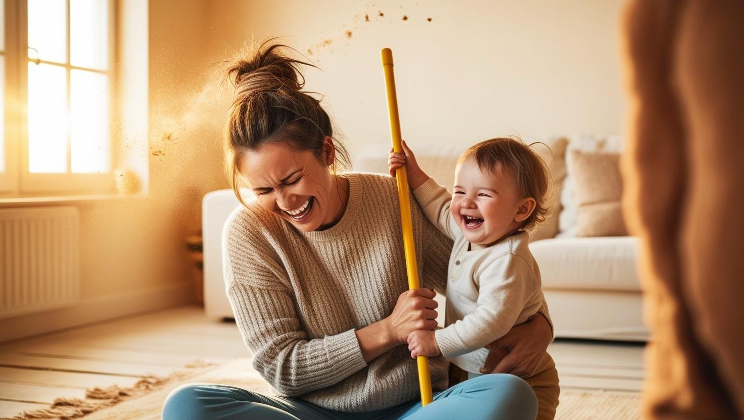 Exhausted mom laughing while holding mop and toddler, cozy home background, warm lighting