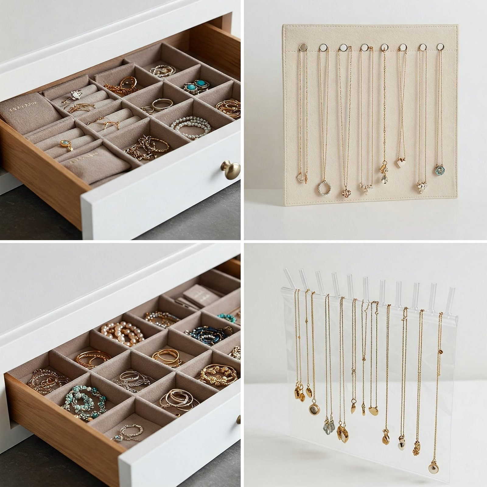 A beautifully organized jewelry storage system specifically for dainty necklaces, showing three different storage methods: 1) Individual small velvet pouches in a drawer, 2) A hanging organizer with separate clear pockets each containing one necklace, and 3) The "straw method" with thin chains threaded through clear drinking straws to prevent tangling. Use bright, clear lighting to show the organizational details clearly.