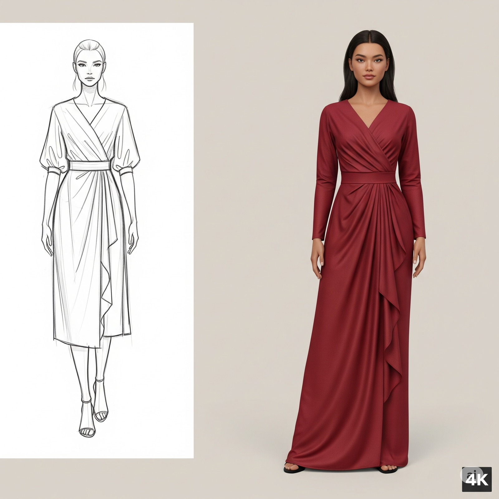 Before and after comparison of custom digital fashion design process