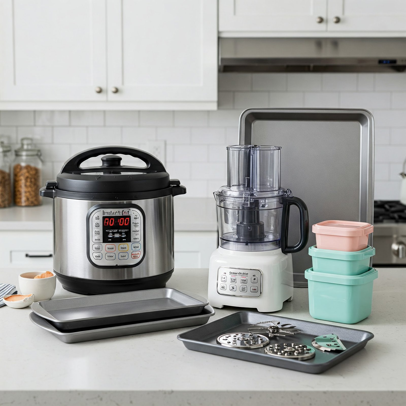 Collection of time-saving kitchen appliances for meal prep including Instant Pot, sheet pans, food processor, and storage containers arranged in a visually pleasing way in a bright, clean kitchen space.