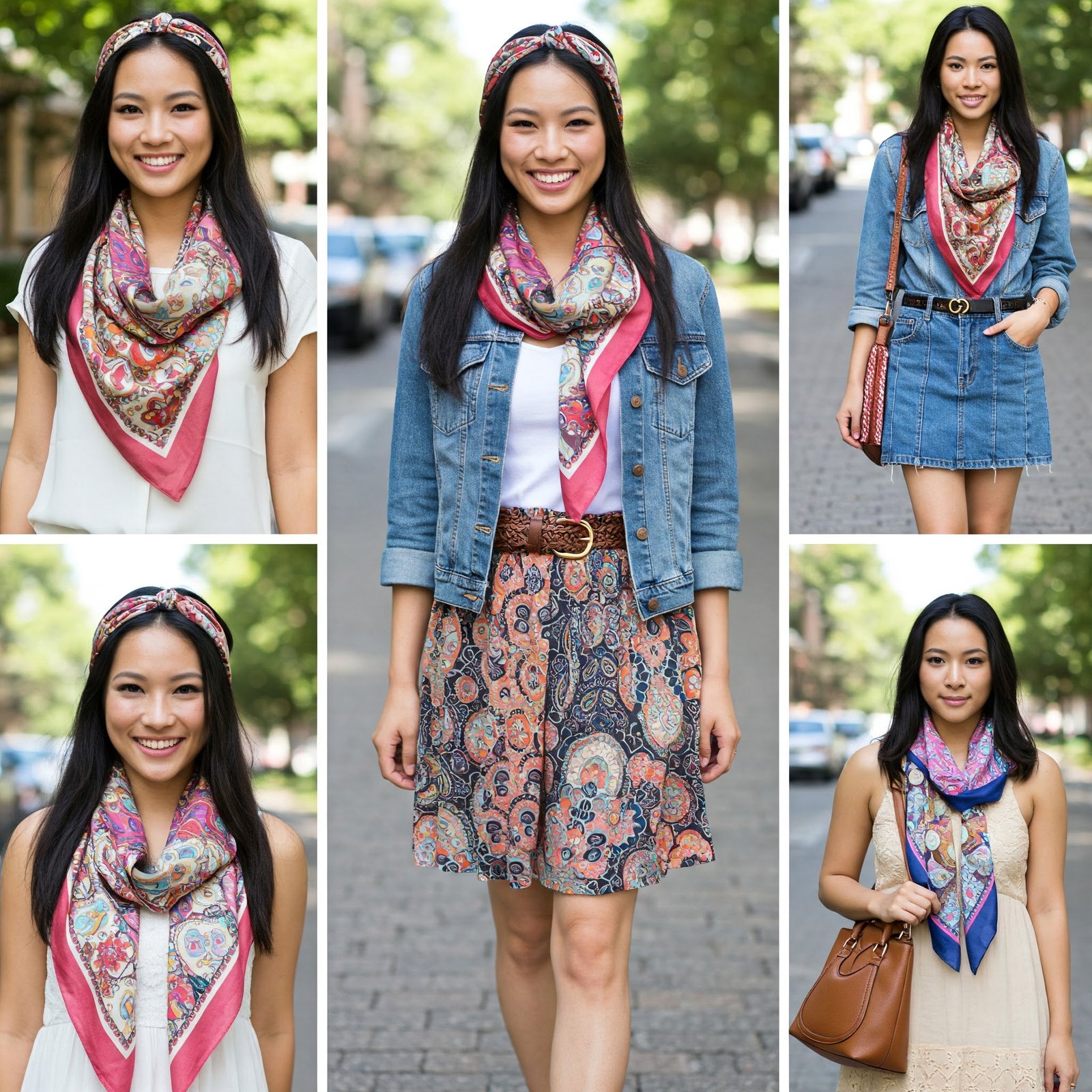 Fashion collage showing five different ways to style a patterned scarf - as neck wrap, belt, headband, shoulder cover, and bag accessory - modeled by a college-aged woman, bright natural lighting.