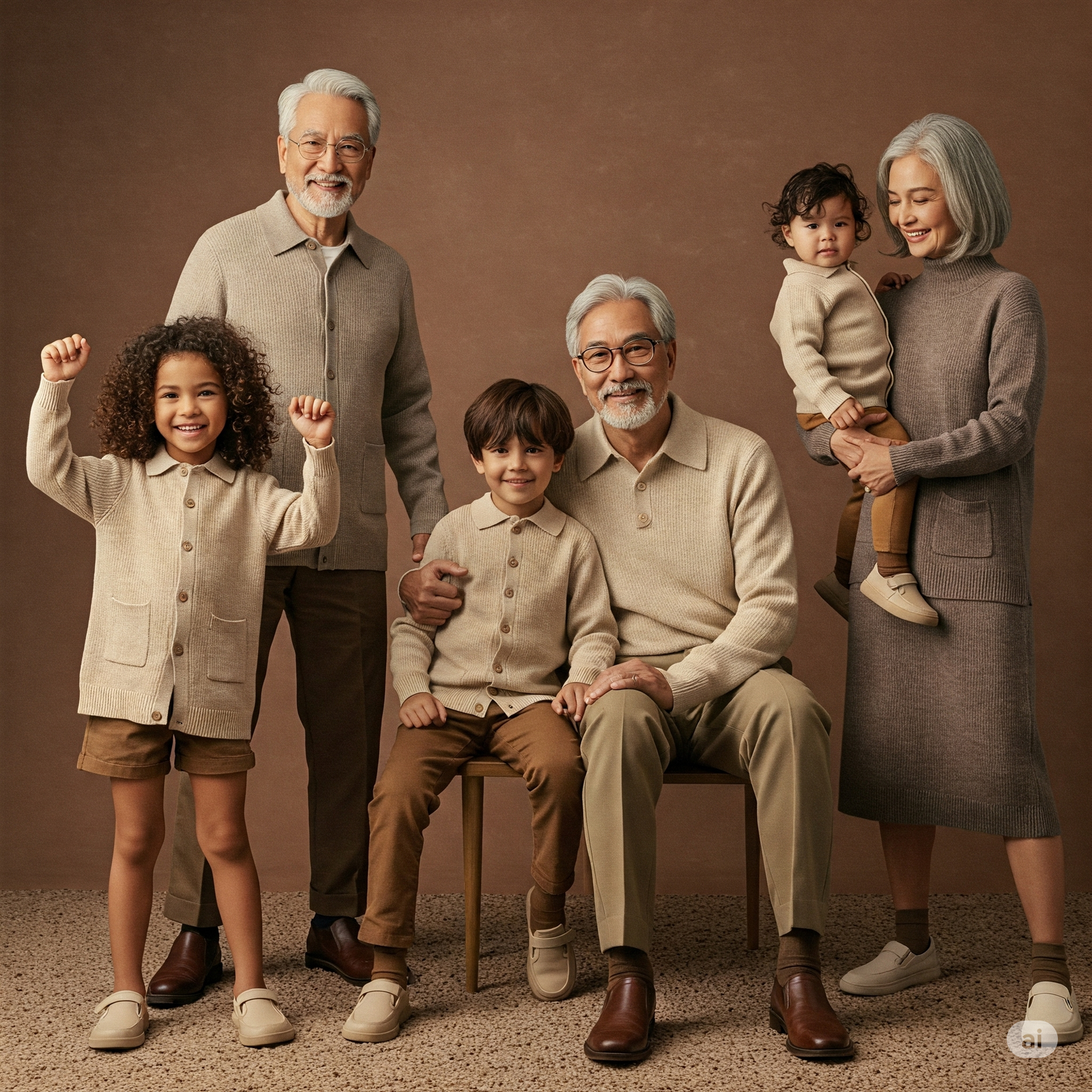 Multi-generational family wearing coordinated modular fashion designs