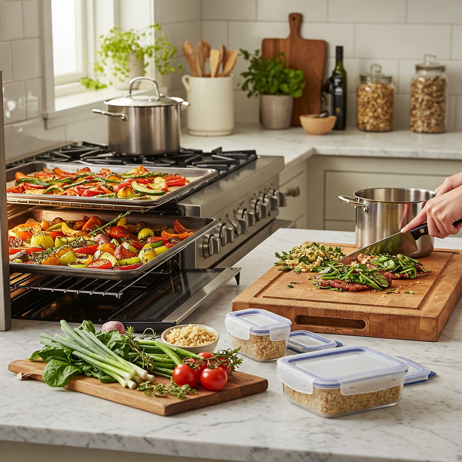 Modern kitchen scene with multiple meal components being prepared simultaneously - sheet pan of roasted vegetables in the oven, grains cooking in a pot, and protein being prepped on a cutting board, with organized containers ready for storage.