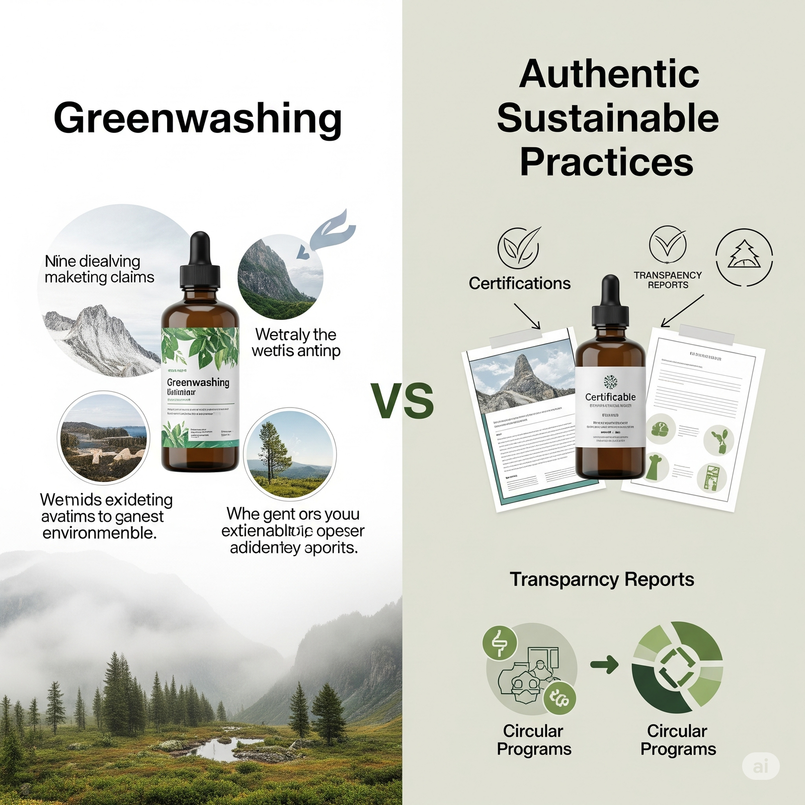 Side-by-side comparison of greenwashing vs authentic brand practices