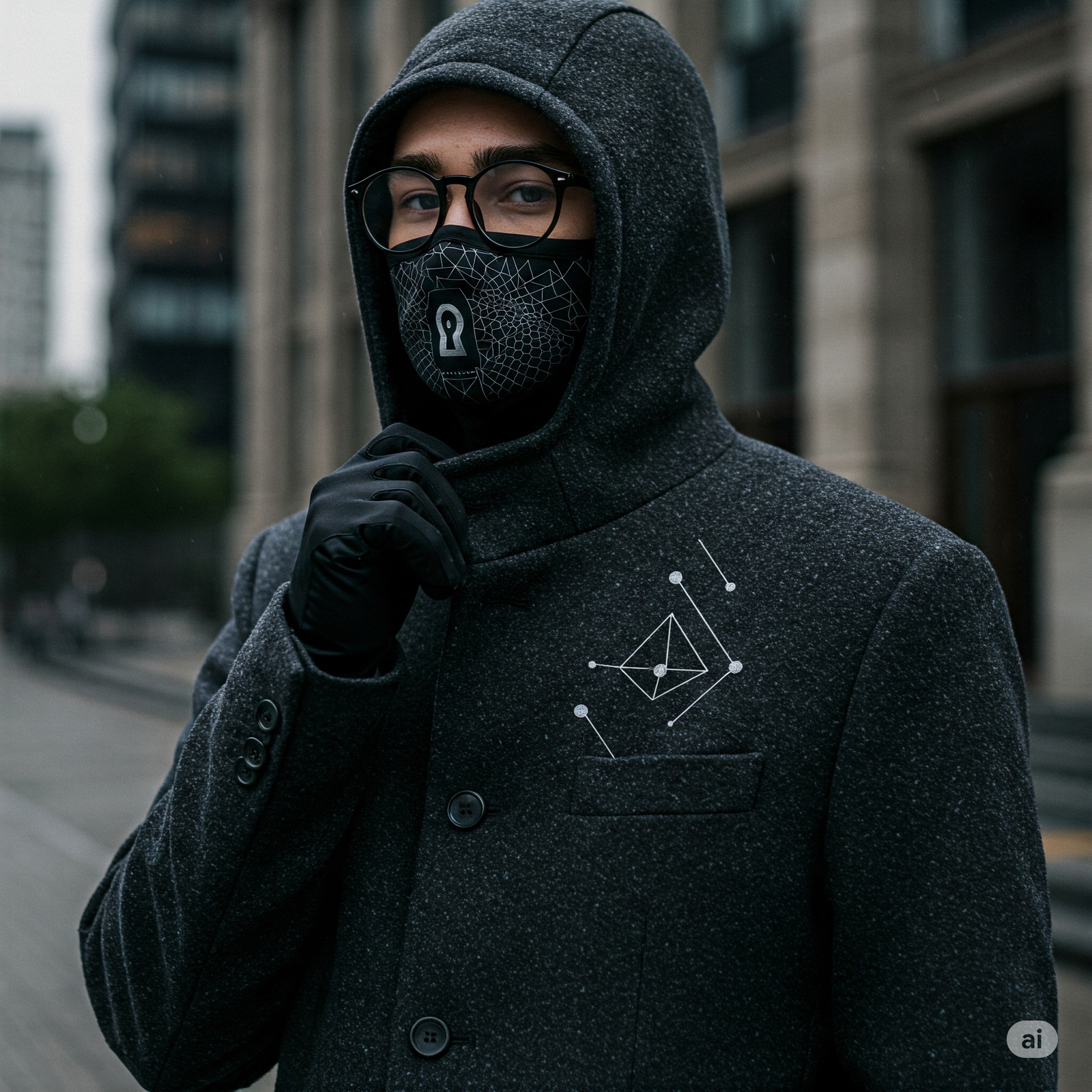 Person wearing digitally-secure fashion with visual indicators of privacy protection