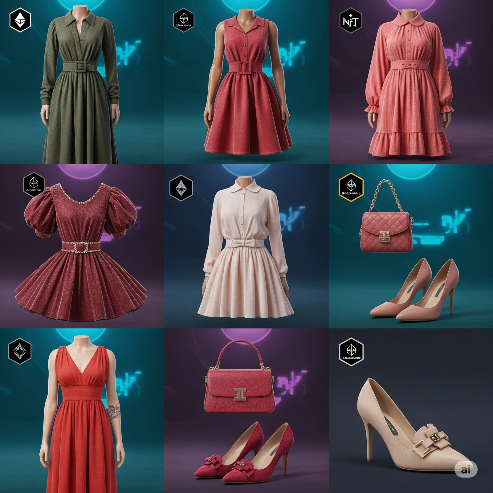 Create a stylish collage featuring various NFT fashion items including dresses, accessories, and shoes, each with small blockchain verification badges, set against a futuristic backdrop - make image in 4k