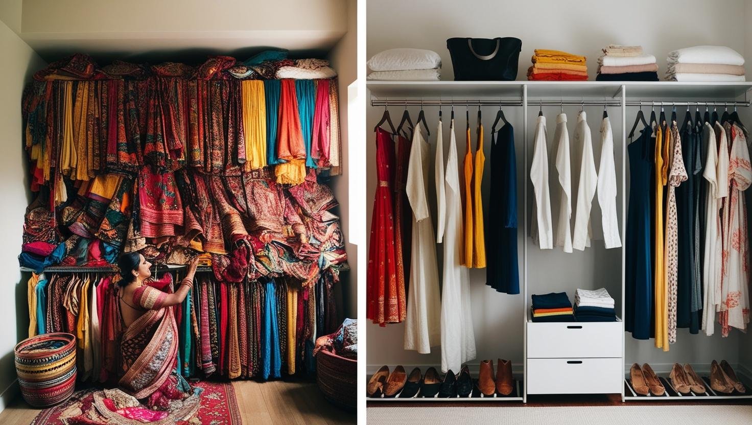 Overflowing Indian wardrobe vs. neat capsule rack side-by-side, natural light, documentary style