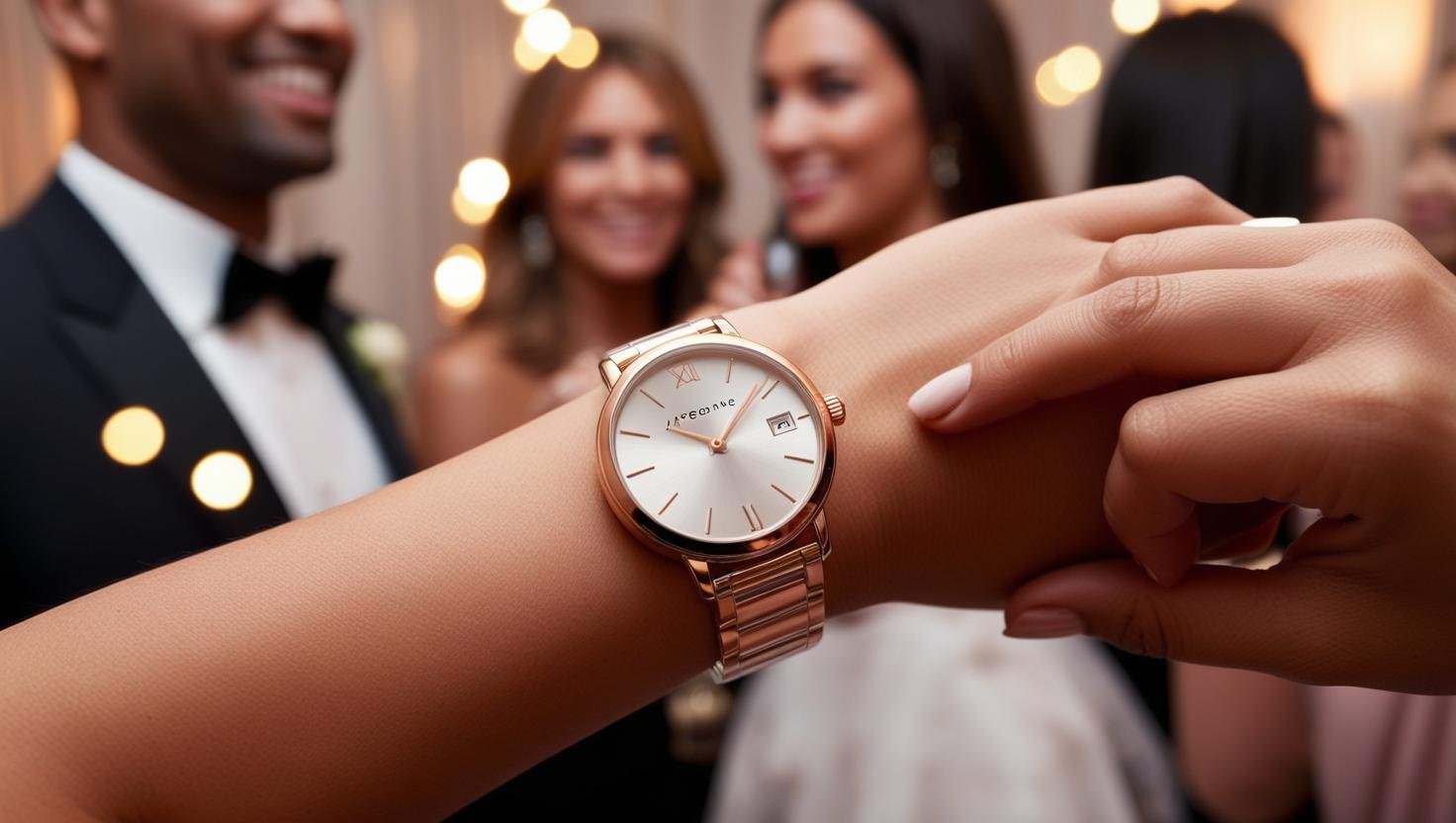 Wrist with affordable watch being admired at glamorous party, bokeh lights, documentary style