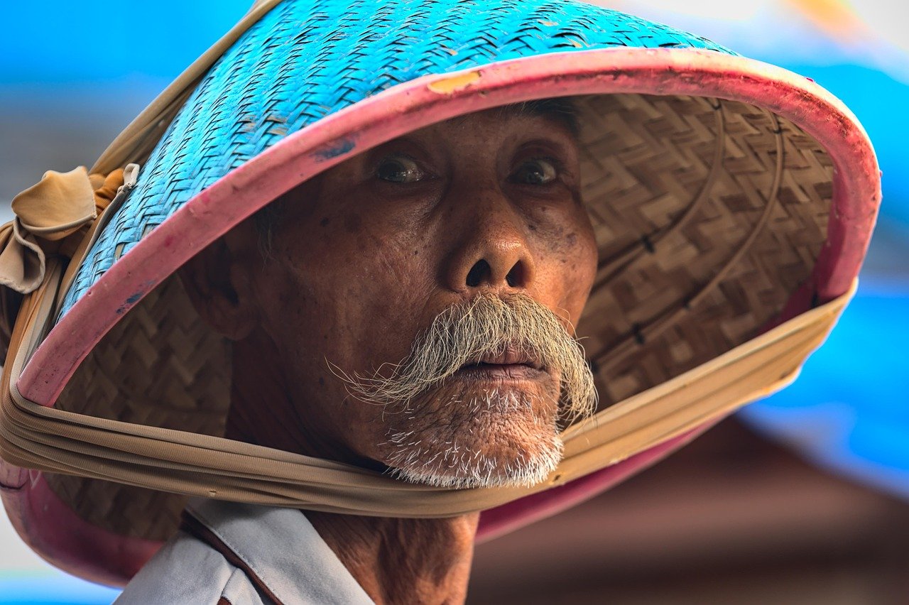 old man, mustache, beard, bamboo hat, shady, surprised, adult, old man, old man, old man, old man, old man, surprised, surprised