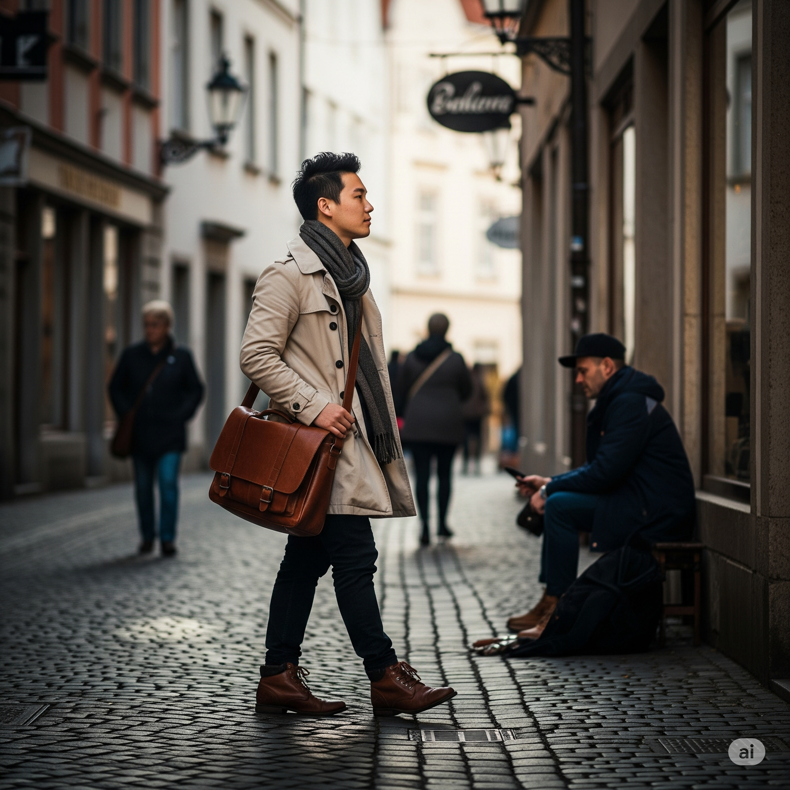 Person walking through European city street wearing messenger bag