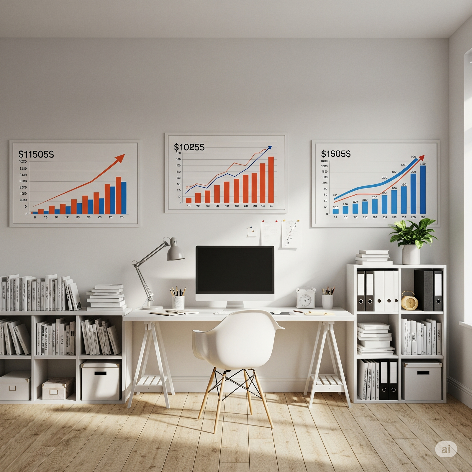 Clean, organized home office with financial charts and growth metrics displayed