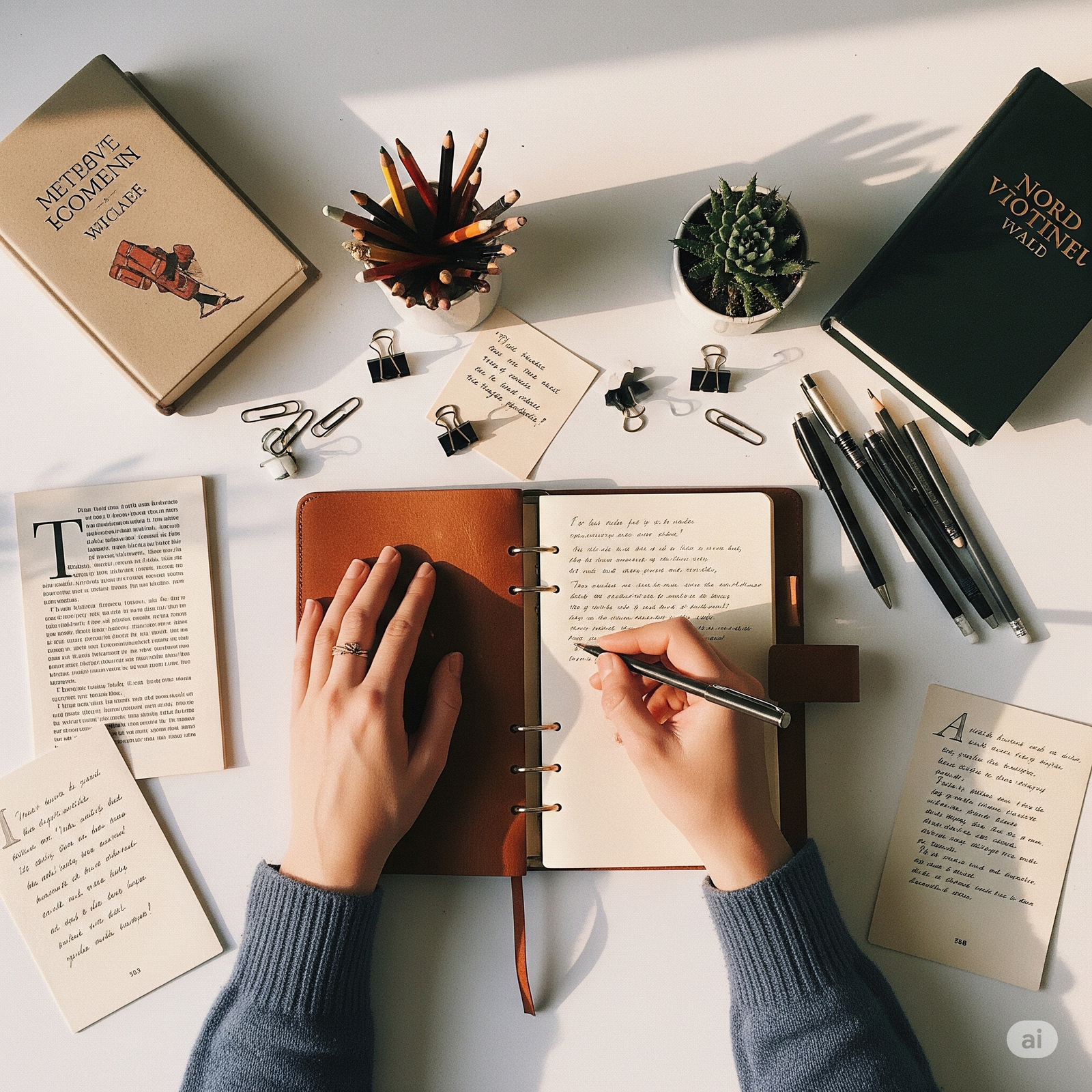 A person journaling with quotes visible in the background