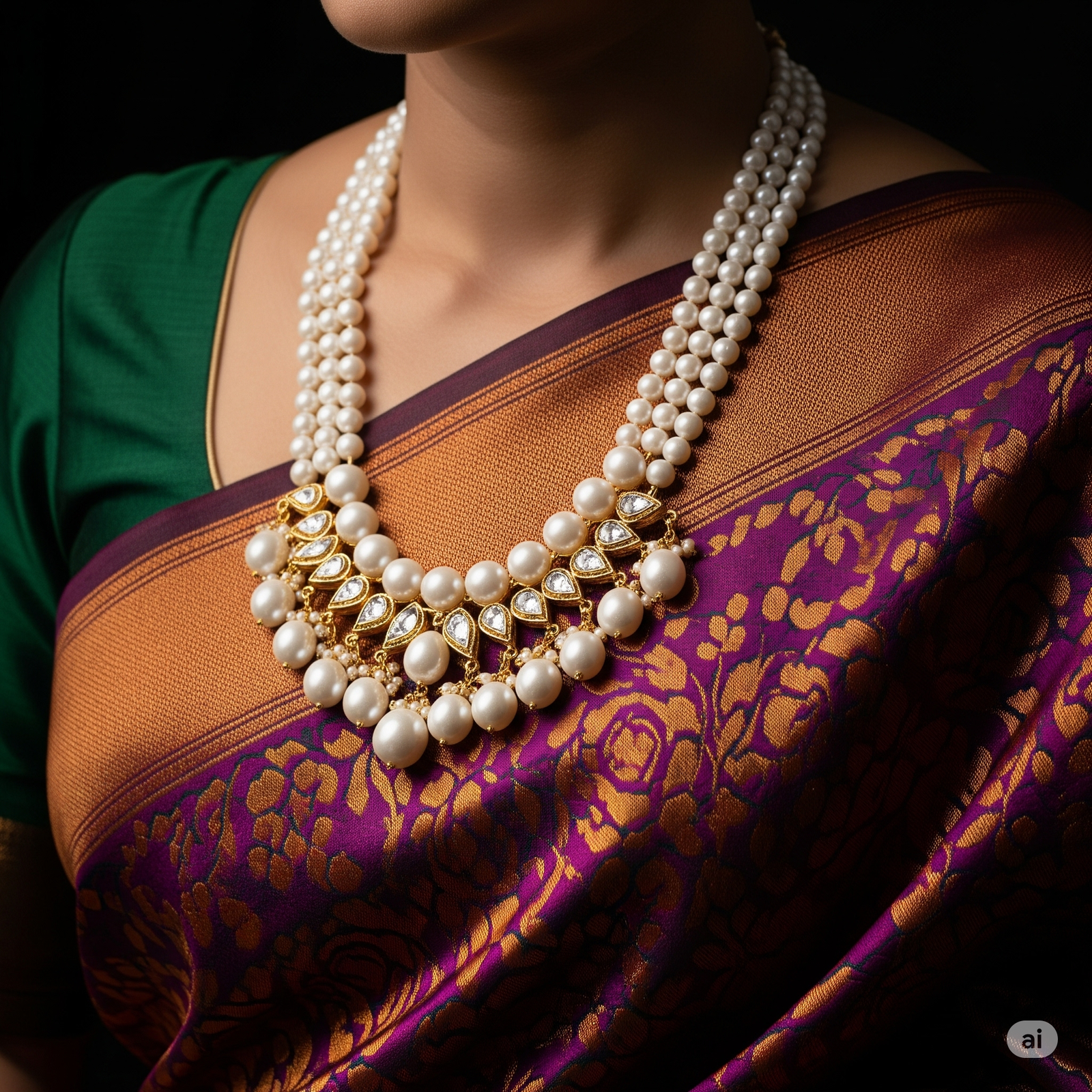 Elegant pearl necklace styled with a silk saree