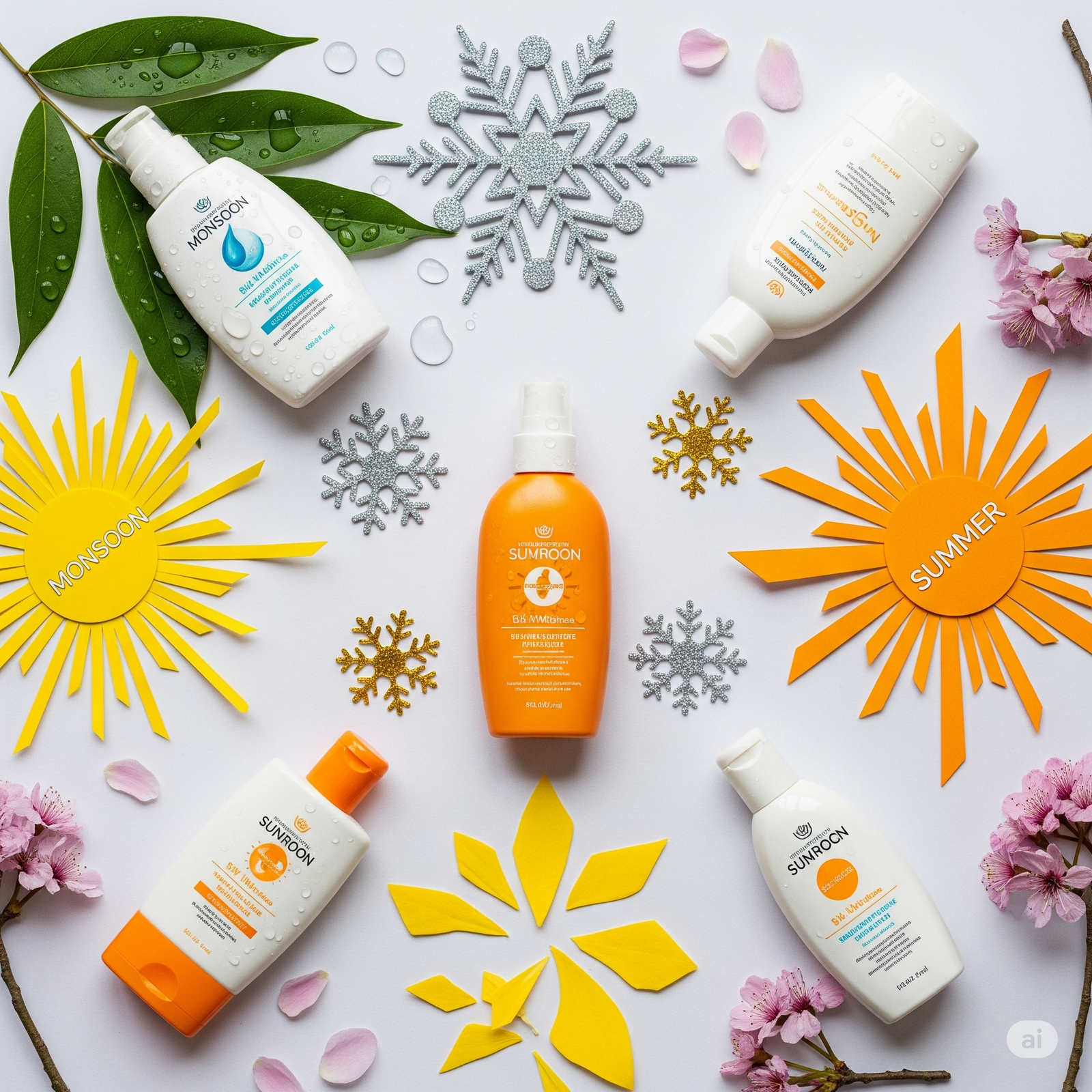 Seasonal sunscreen collection arranged with weather elements