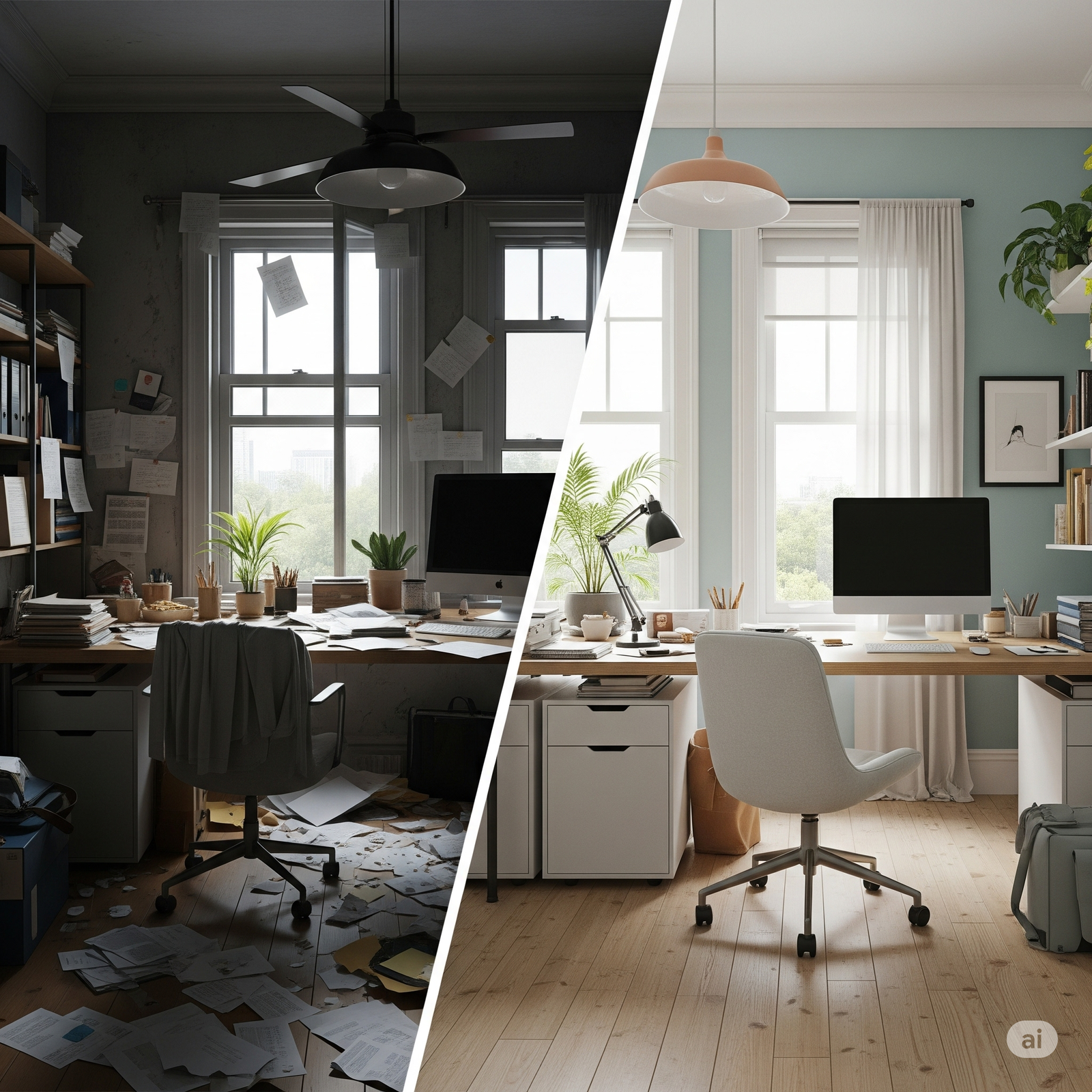 Before and after comparison of a home office transformation