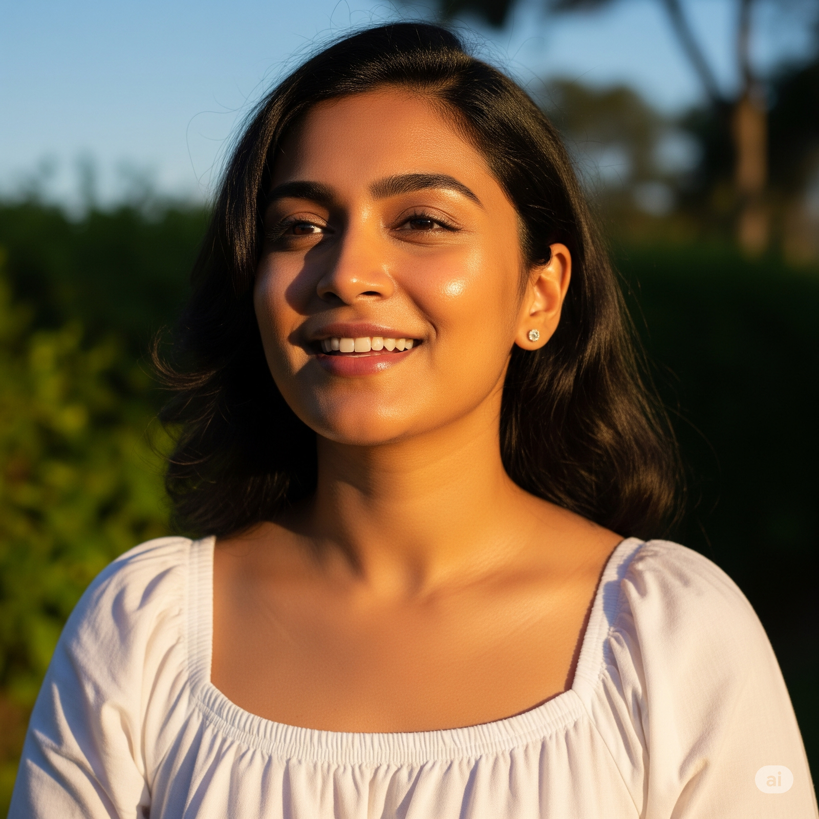 Happy Indian woman with glowing, protected skin outdoors