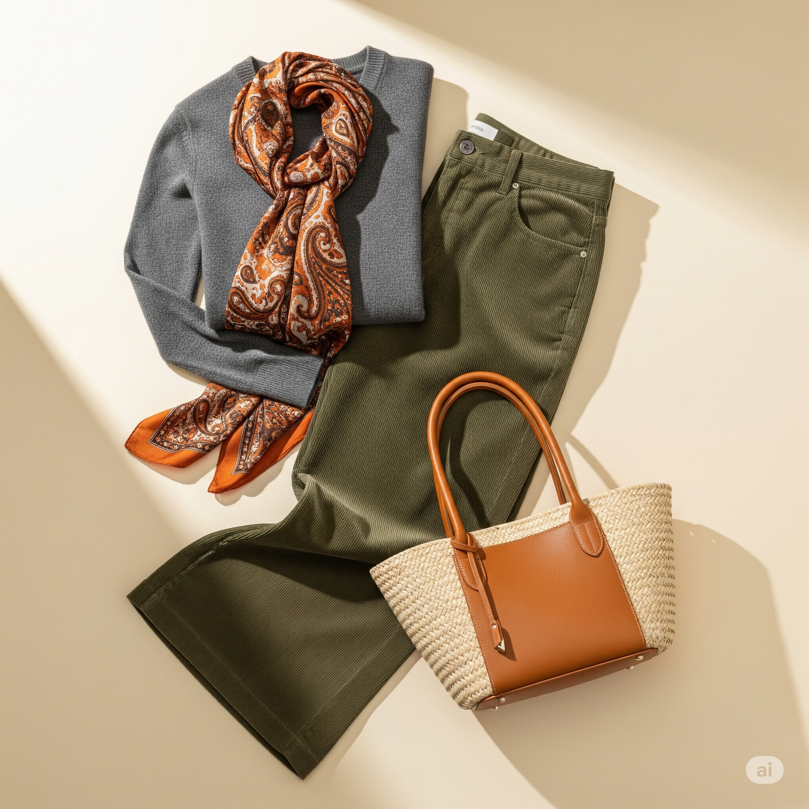 Seasonal styling flat lay with wide-leg pants and seasonal accessories