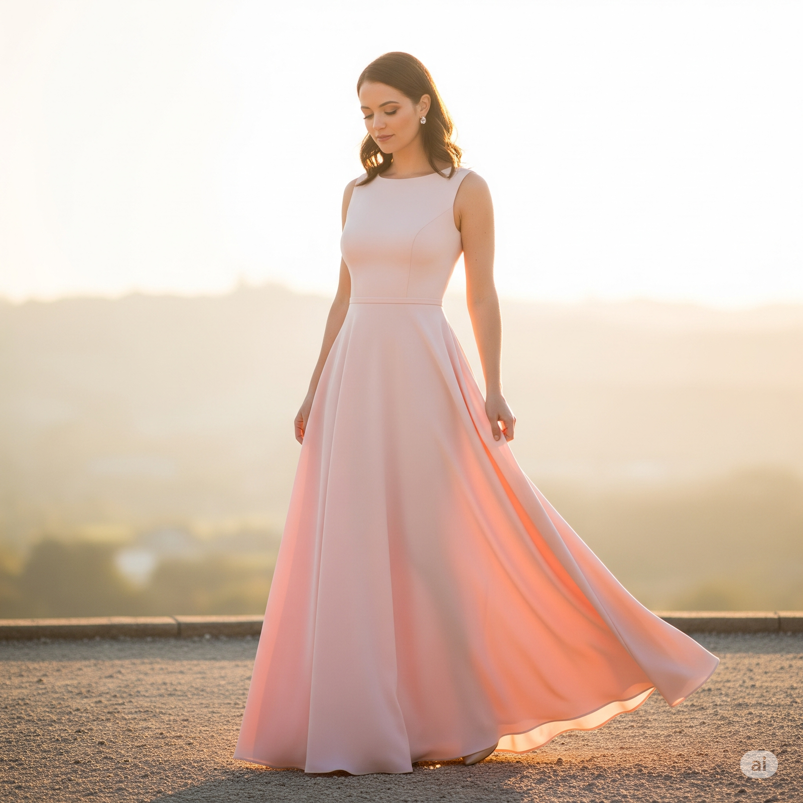 Petite woman in fit and flare maxi dress showing silhouette enhancement