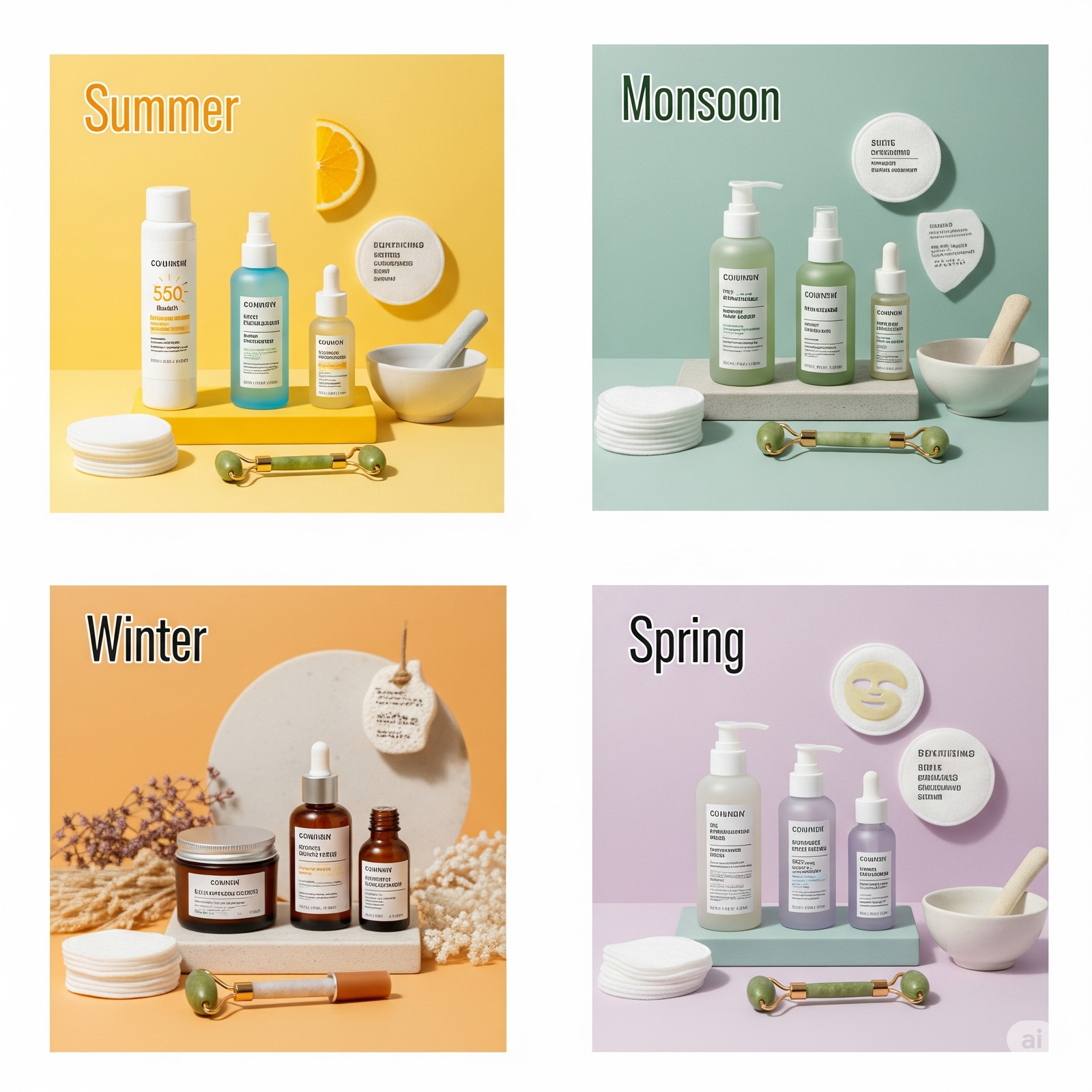 Seasonal skincare products arranged by season