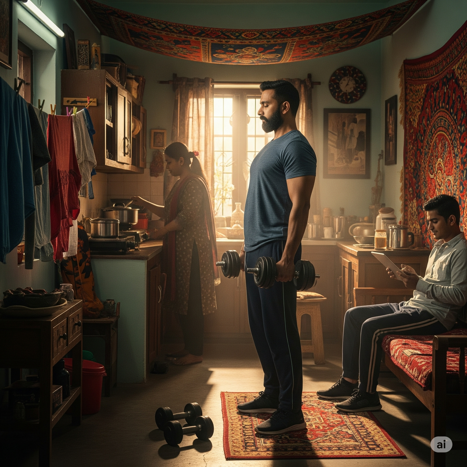 Person working out in small space with family in the background, showing real-life home workout scenarios