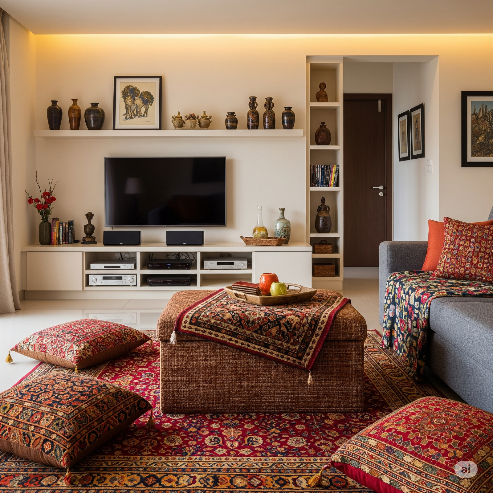 Multipurpose Indian living room with hidden storage solutions