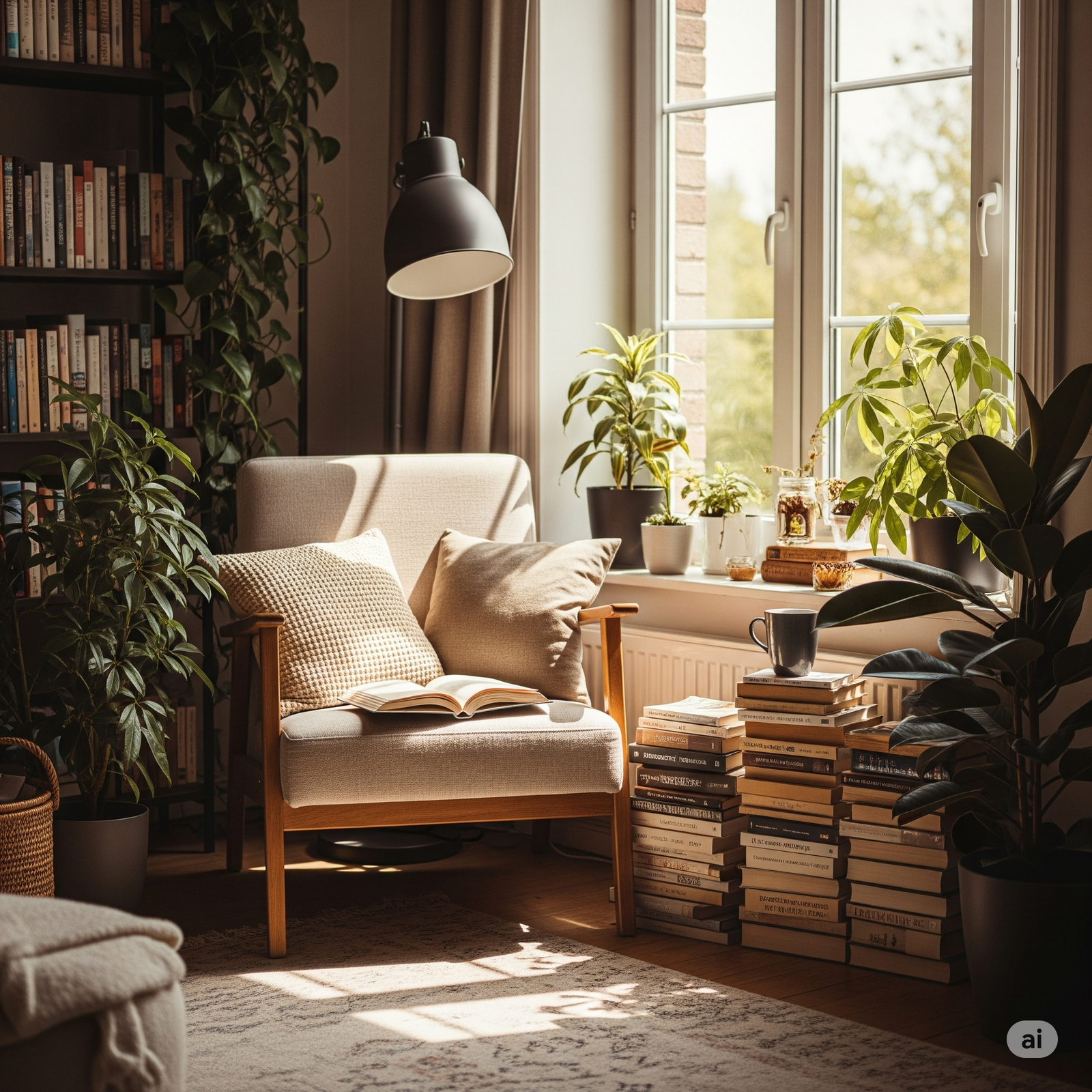 A peaceful reading nook with physical books, natural lighting, and no digital devices visible
