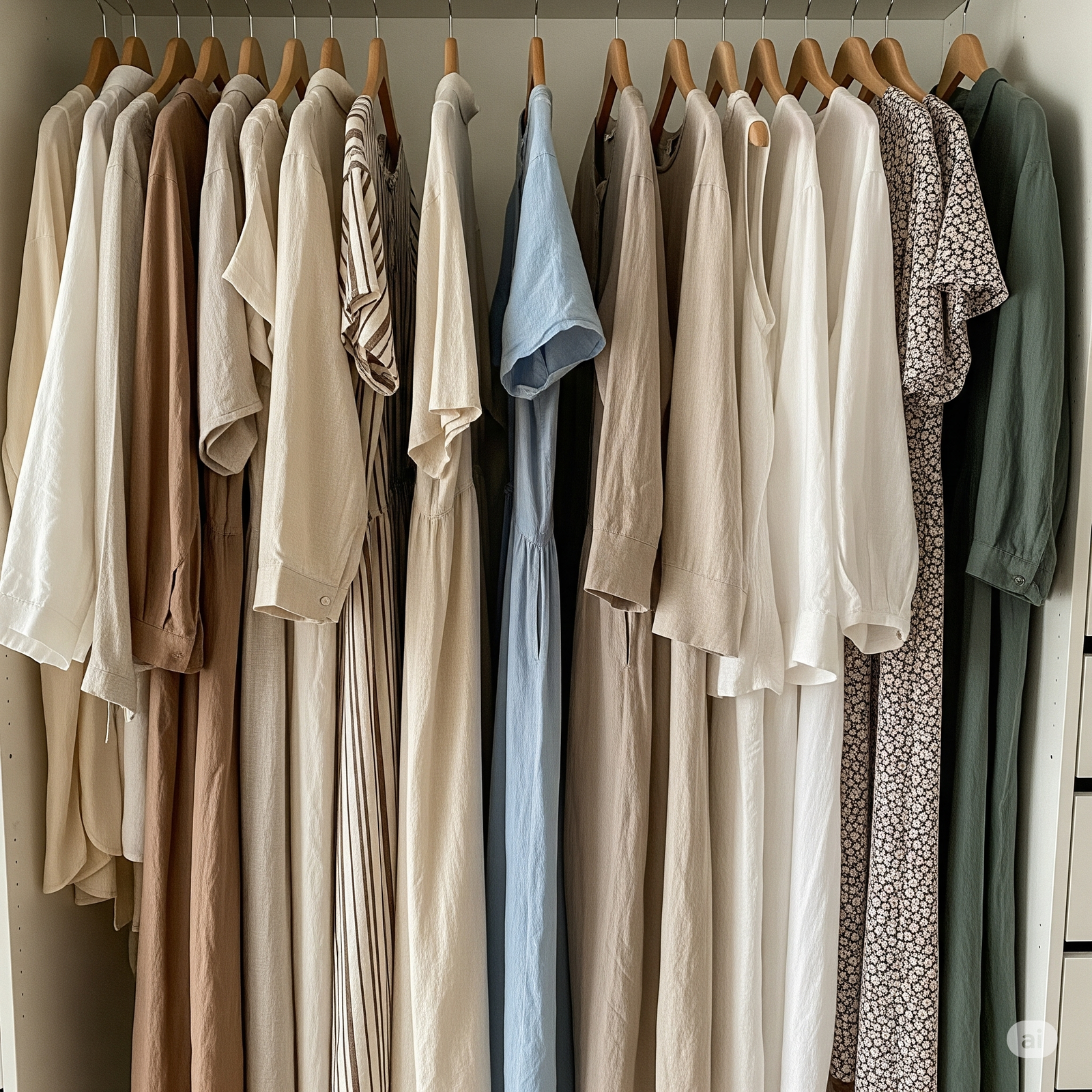 Complete linen dress wardrobe laid out showing a variety