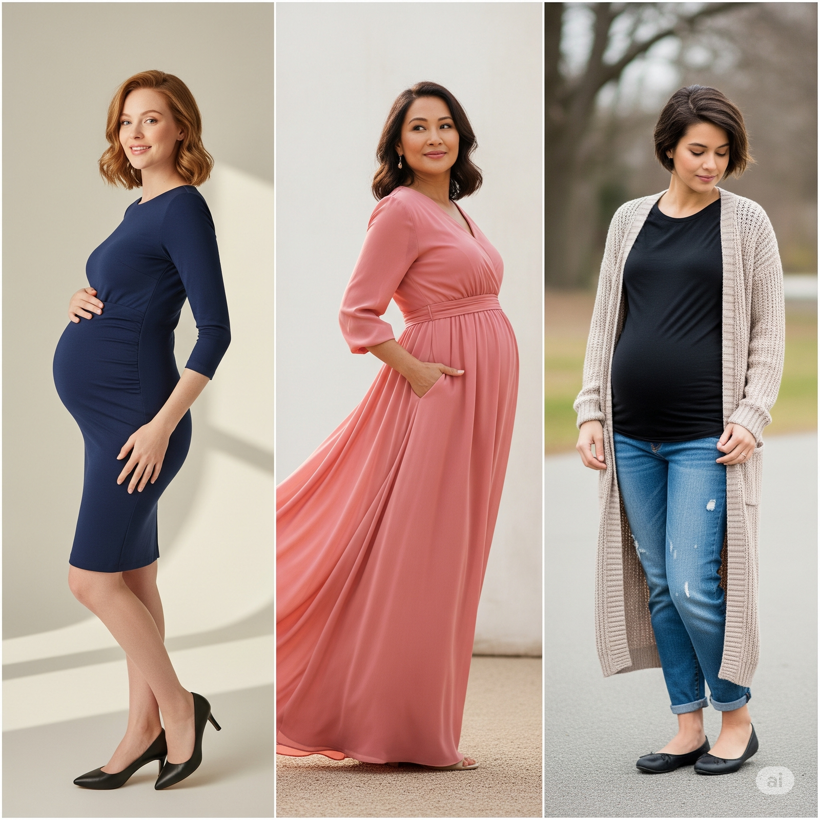 Multiple pregnancy styling examples showing different techniques