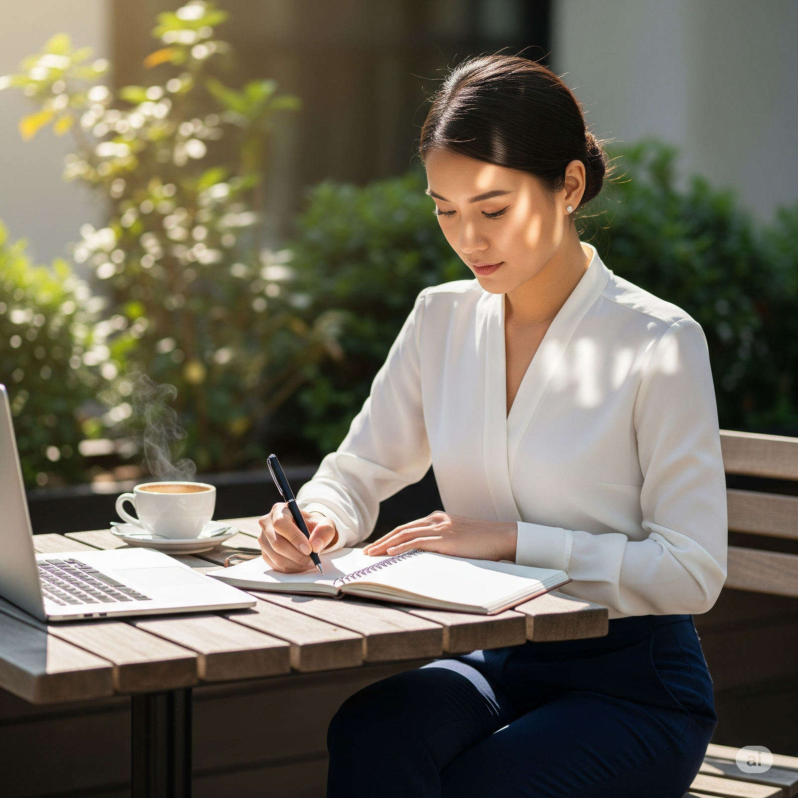 Person working outdoors with notebook and coffee, laptop closed nearby