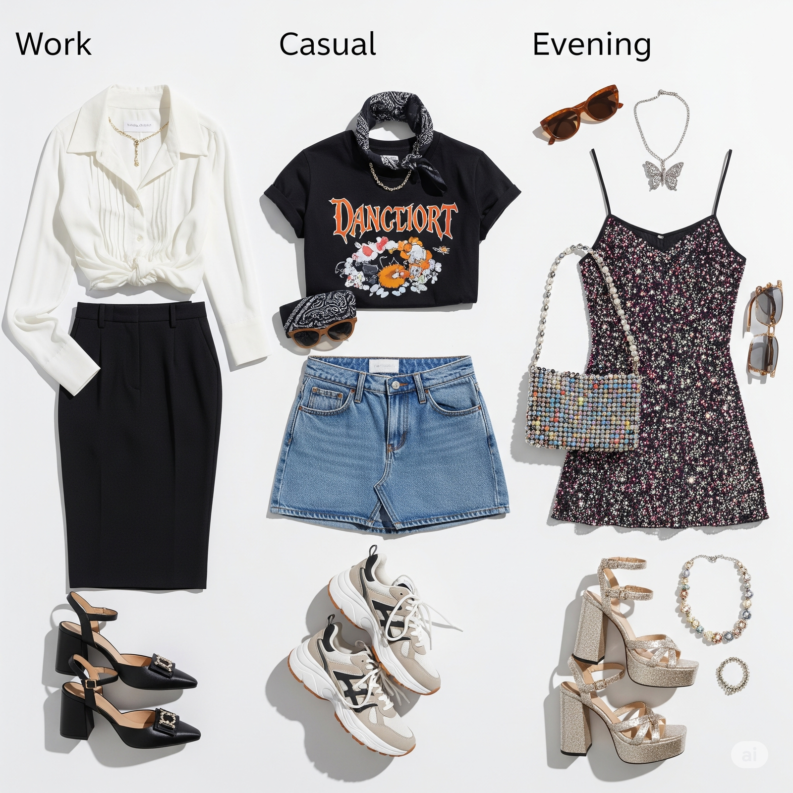 Three outfit layouts showing Y2K styling for different occasions