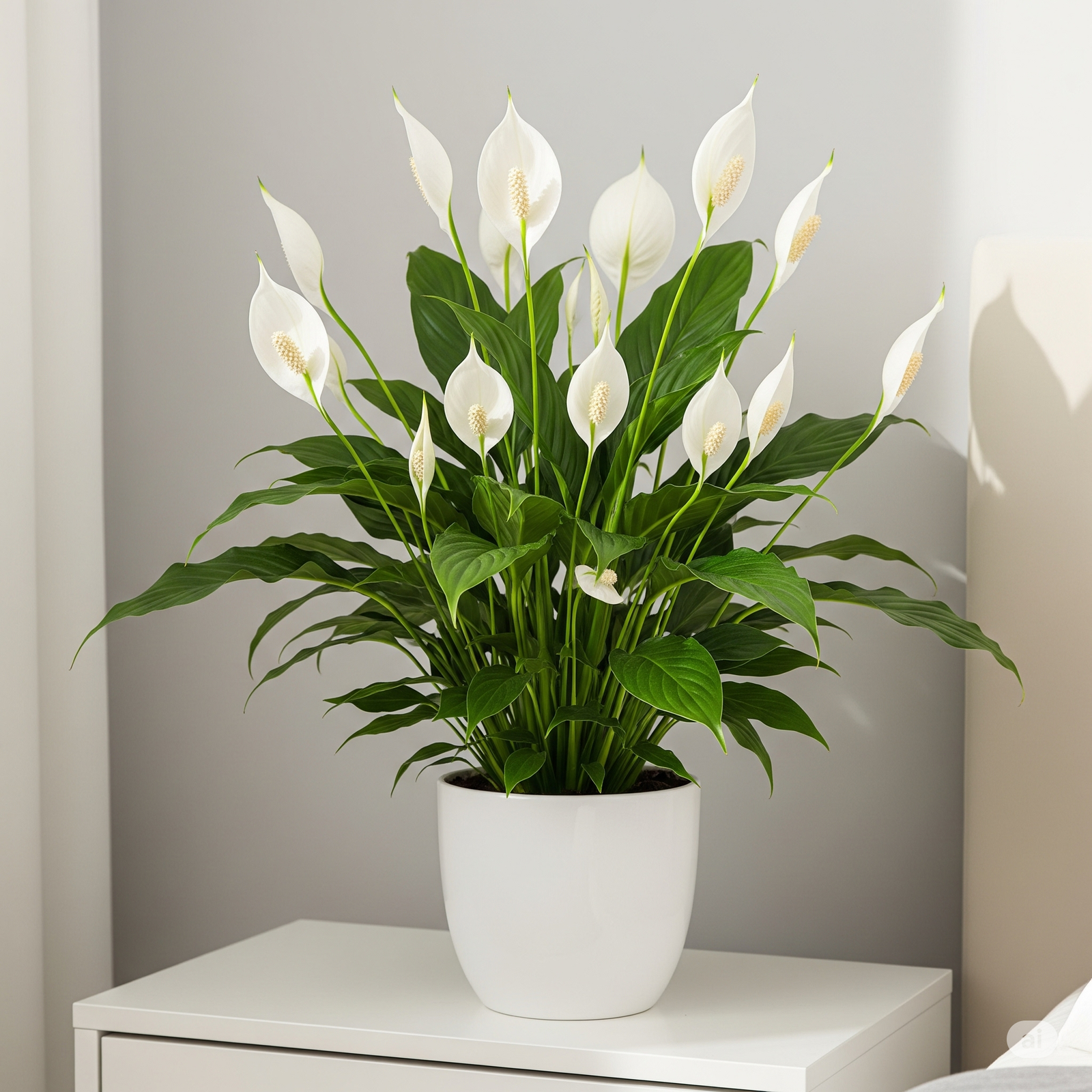 Peace lily with white flowers in bedroom