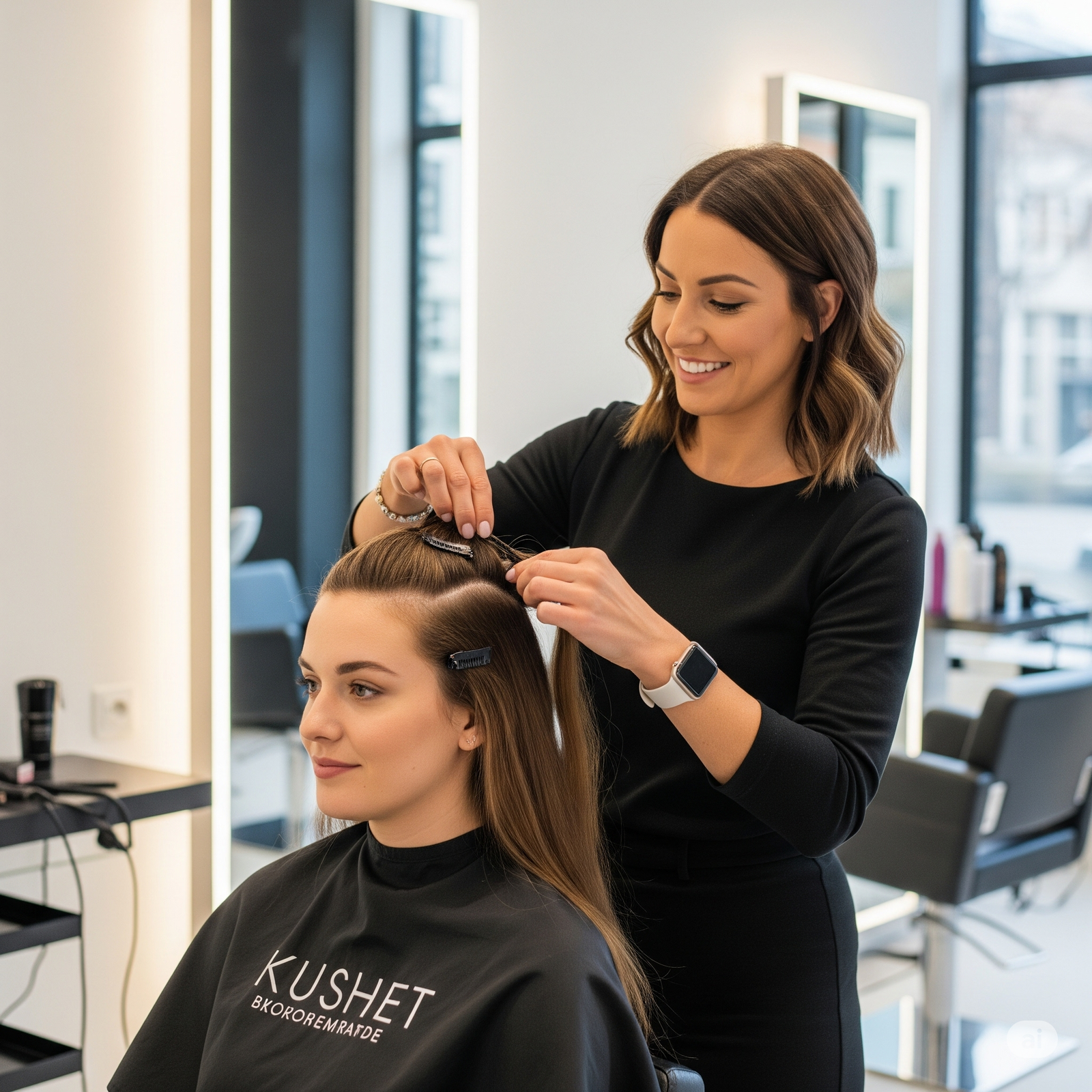 Professional stylist working with clip-in extensions on a client with thin hair