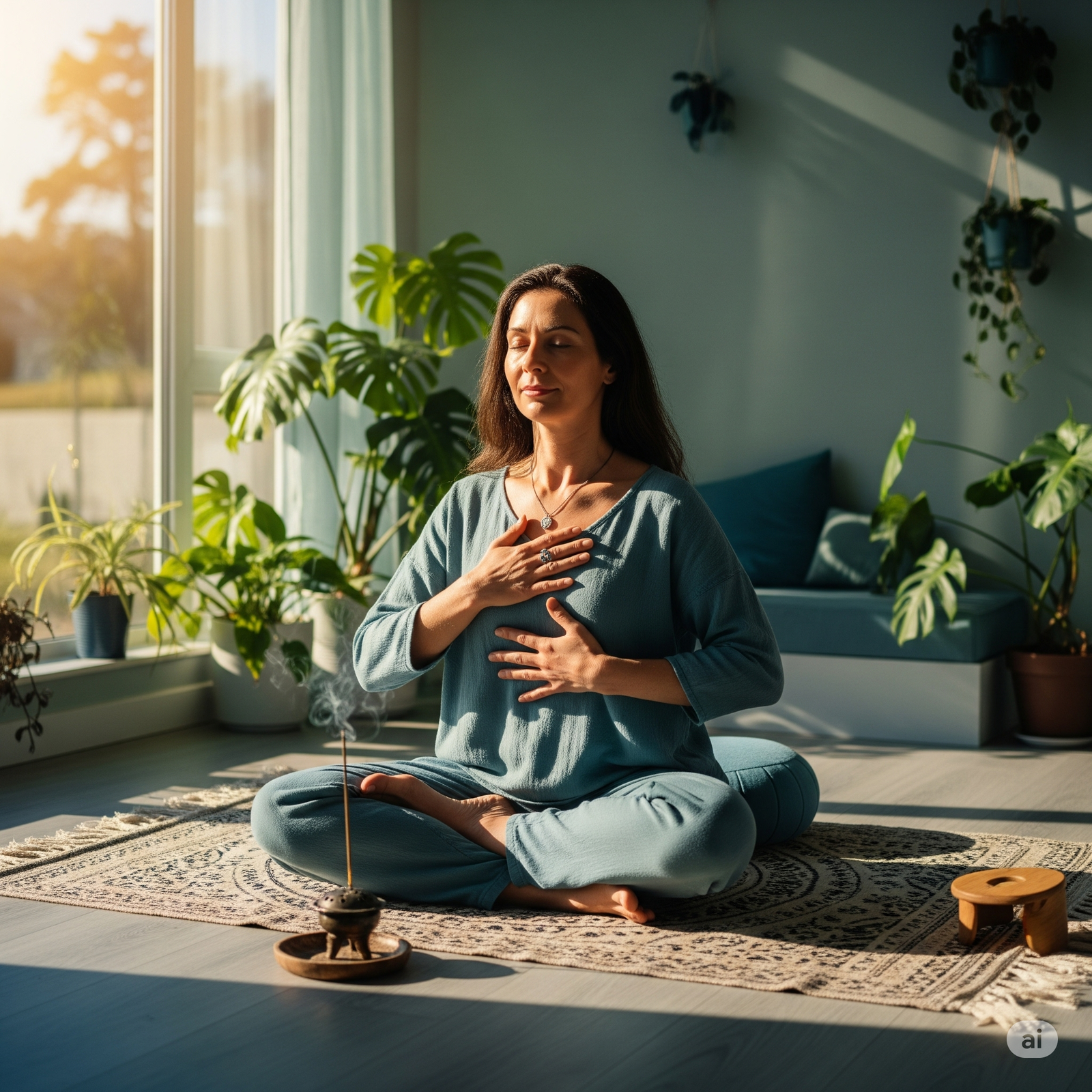 "Serene person sitting cross-legged, hands positioned on heart and solar plexus, eyes closed, morning sunlight, meditation space, peaceful wellness setting"
