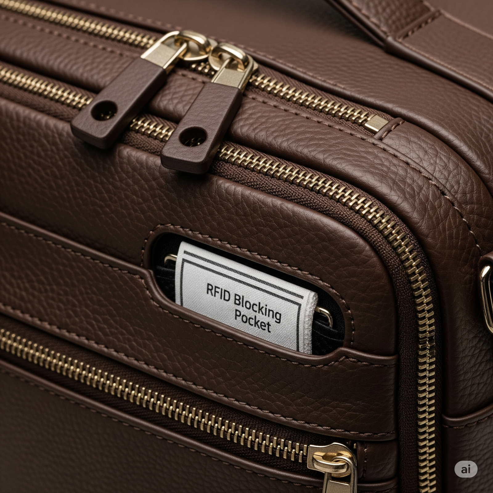 Close-up details of security features like RFID blocking pocket and hidden zippers