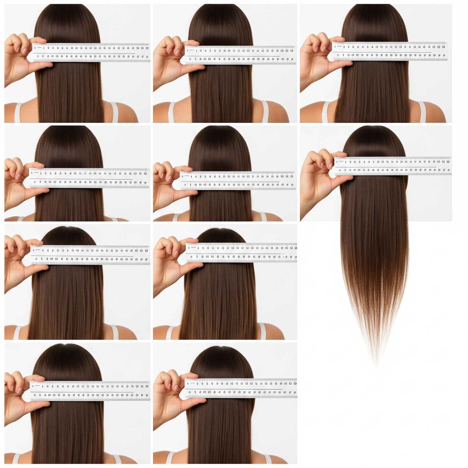 Hair measurement documentation showing ruler against hair length with dates and progress notes