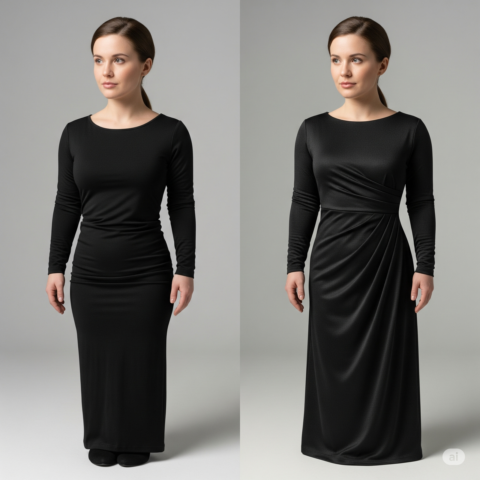 Fabric comparison showing different drape qualities on petite frame